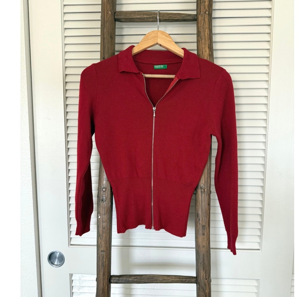 Benetton Red Wool Blend Full Zip‎ Fitted Cardigan Sweater Vintage